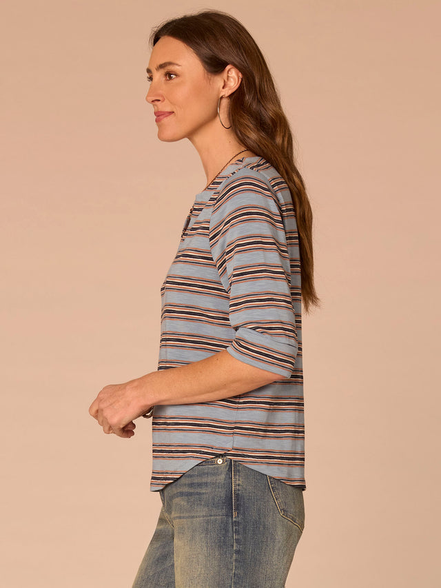 NILE BLUE MULTI STRIPE CUFFED ELBOW SLEEVE KNIT TOP