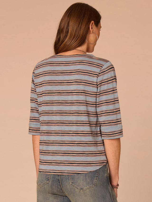 NILE BLUE MULTI STRIPE CUFFED ELBOW SLEEVE KNIT TOP