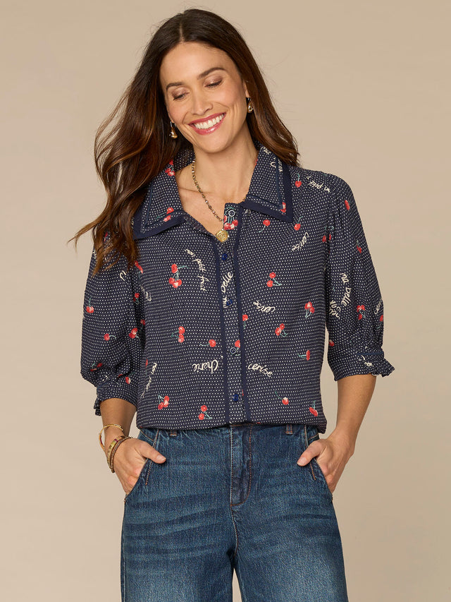 NAVY CHERRY PRINT ELBOW SLEEVE WOVEN SHIRT
