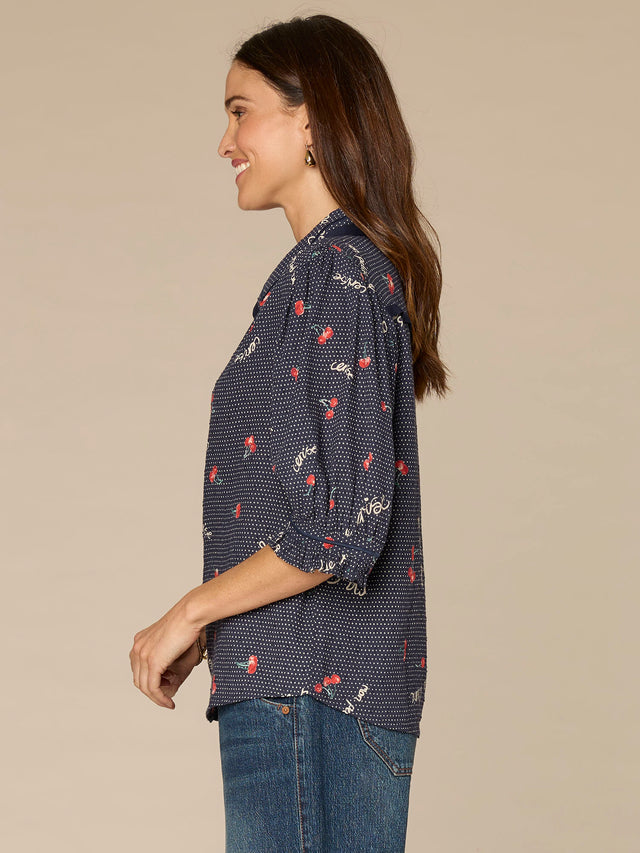 NAVY CHERRY PRINT ELBOW SLEEVE WOVEN SHIRT