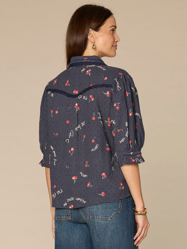 NAVY CHERRY PRINT ELBOW SLEEVE WOVEN SHIRT
