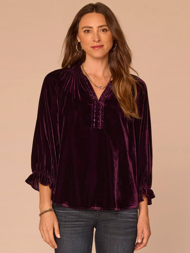 AUBERGINE BLOUSON 3/4 SLEEVE VELVET TOP

