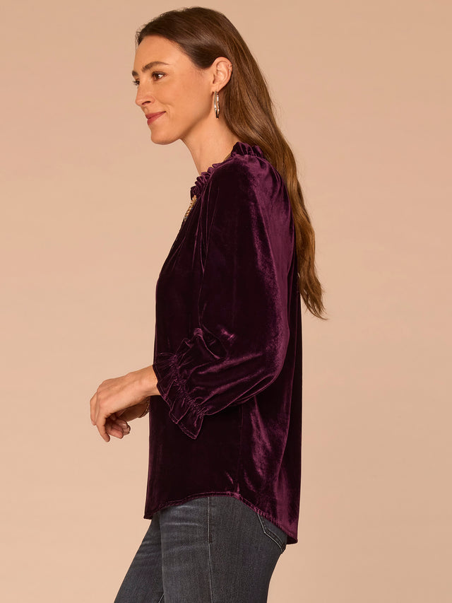 AUBERGINE BLOUSON 3/4 SLEEVE VELVET TOP
