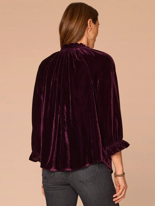 AUBERGINE BLOUSON 3/4 SLEEVE VELVET TOP