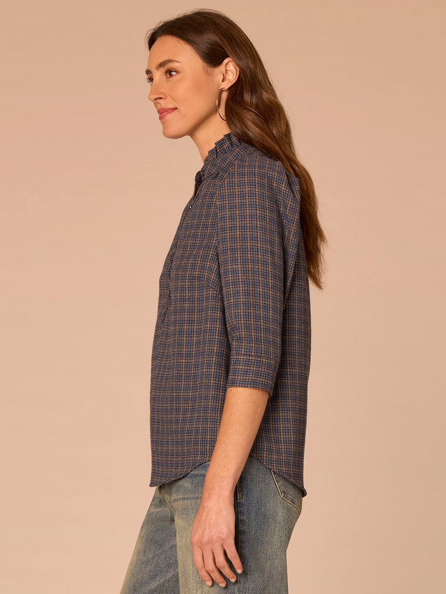 MIDNIGHT SAPPHIRE PLAID 3/4 CUFFED SLEEVE RUFFLE NECK SHIRT