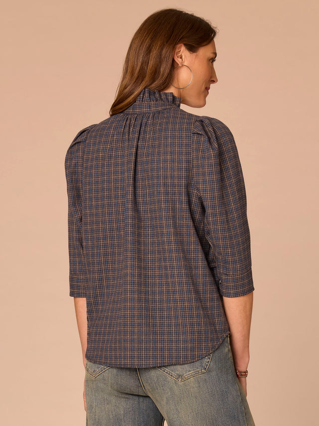 MIDNIGHT SAPPHIRE PLAID 3/4 CUFFED SLEEVE RUFFLE NECK SHIRT