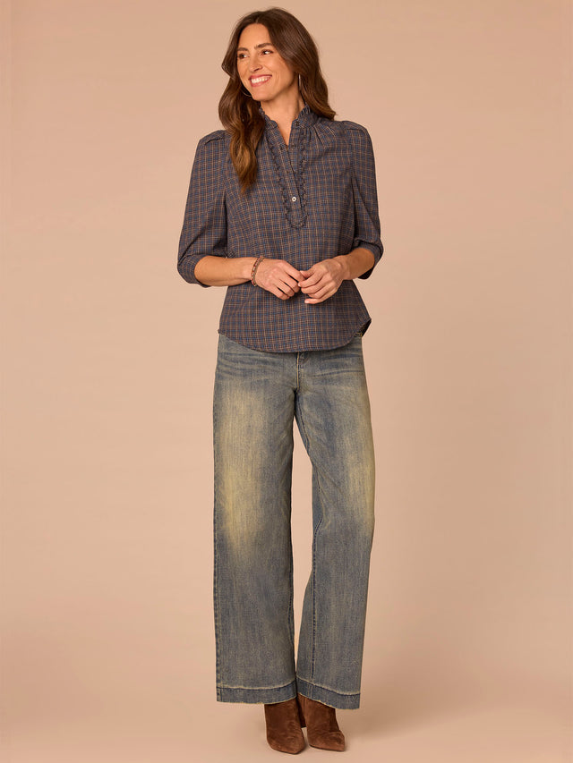MIDNIGHT SAPPHIRE PLAID 3/4 CUFFED SLEEVE RUFFLE NECK SHIRT