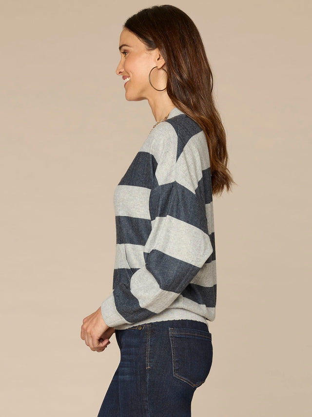 HEATHER GREY & NAVY STRIPE NOTCH V NECK KNIT TOP