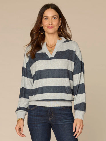 HEATHER GREY & NAVY STRIPE NOTCH V NECK KNIT TOP
