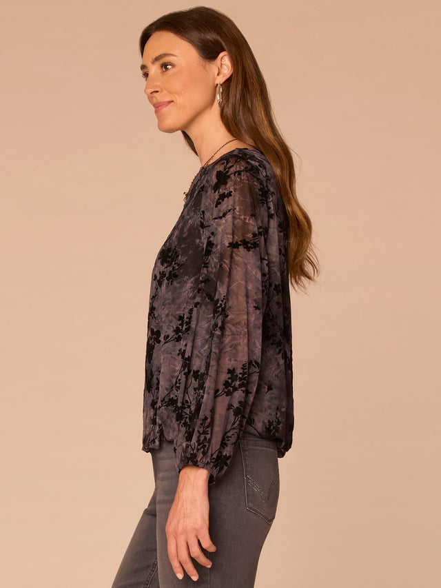 BLACK FLORAL BOAT NECK BUBBLE HEM TOP
