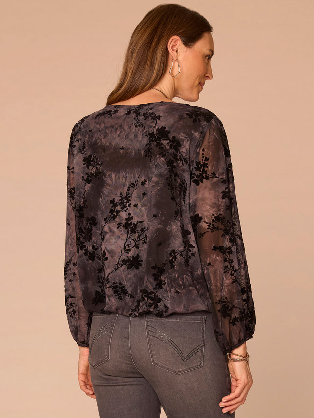 BLACK FLORAL BOAT NECK BUBBLE HEM TOP