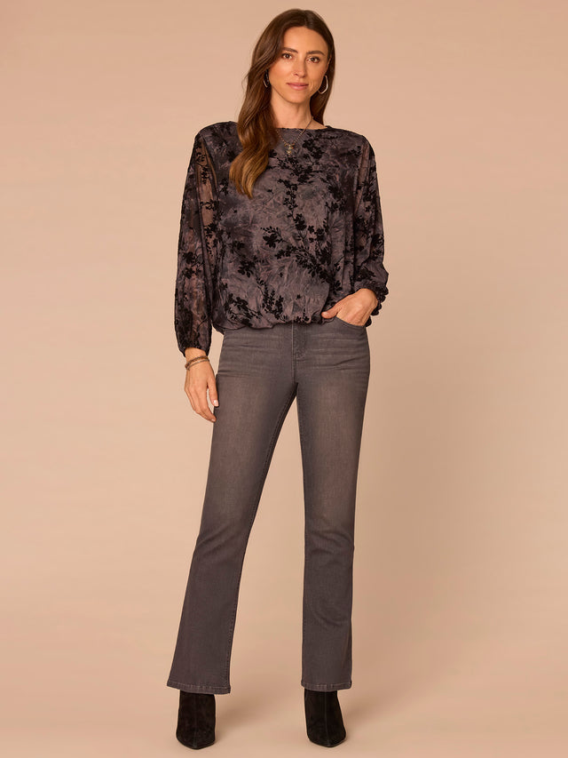 BLACK FLORAL BOAT NECK BUBBLE HEM TOP