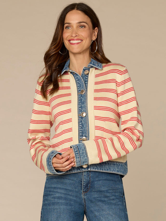 IVORY & POPPY STRIPE MIXED MEDIA SWEATER JACKET