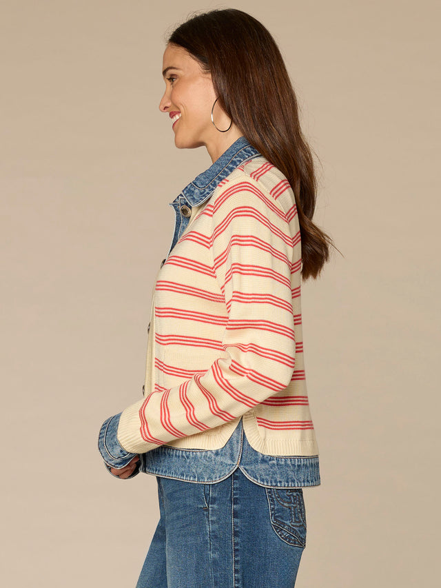 IVORY & POPPY STRIPE MIXED MEDIA SWEATER JACKET