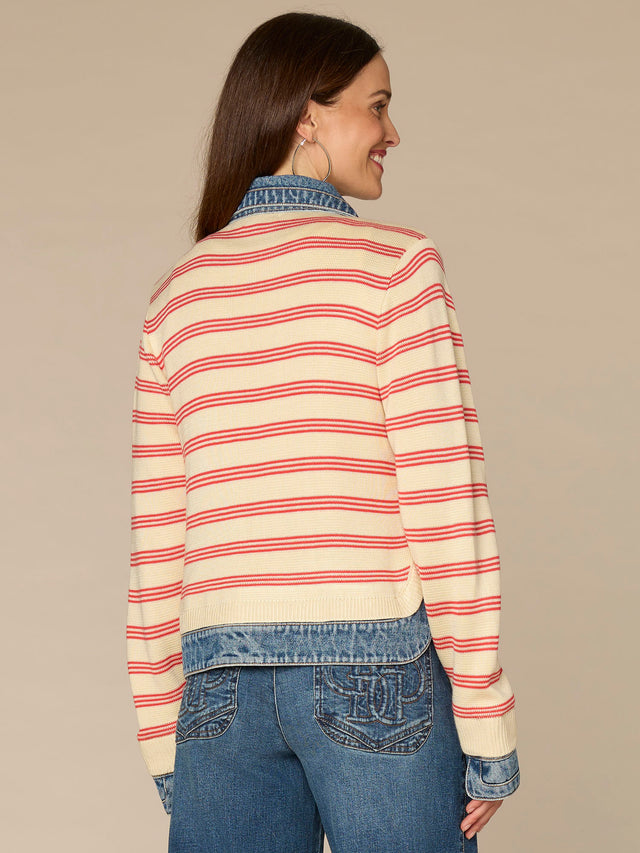 IVORY & POPPY STRIPE MIXED MEDIA SWEATER JACKET