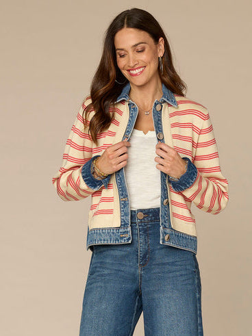 IVORY & POPPY STRIPE MIXED MEDIA SWEATER JACKET