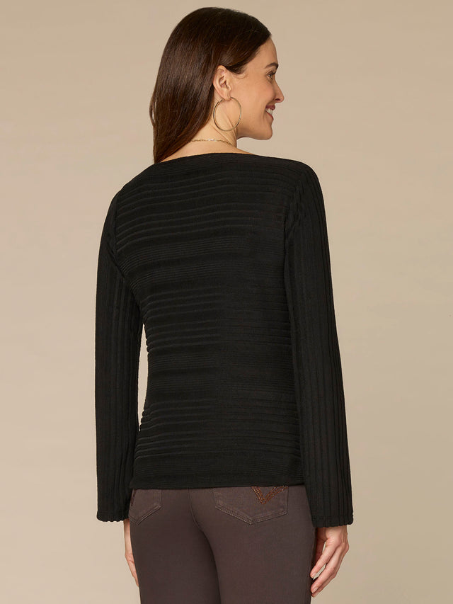 BLACK LONG SLEEVE DRAPPED BOAT NECK SHIRTAIL HEM KNIT TOP
