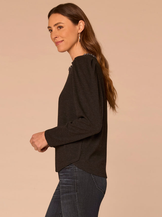 BLACK JEWELED NECK PUFFED SLEEVE KNIT TOP
