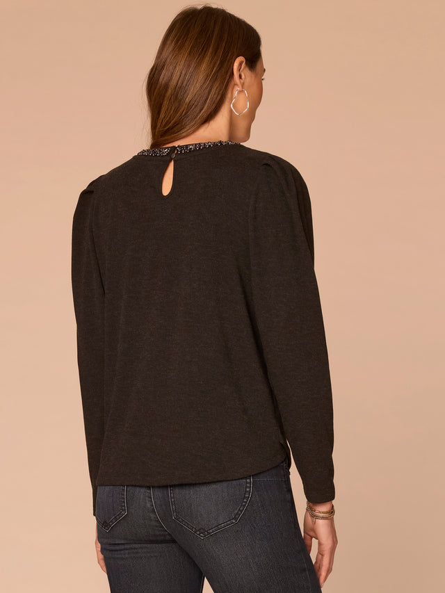 BLACK JEWELED NECK PUFFED SLEEVE KNIT TOP