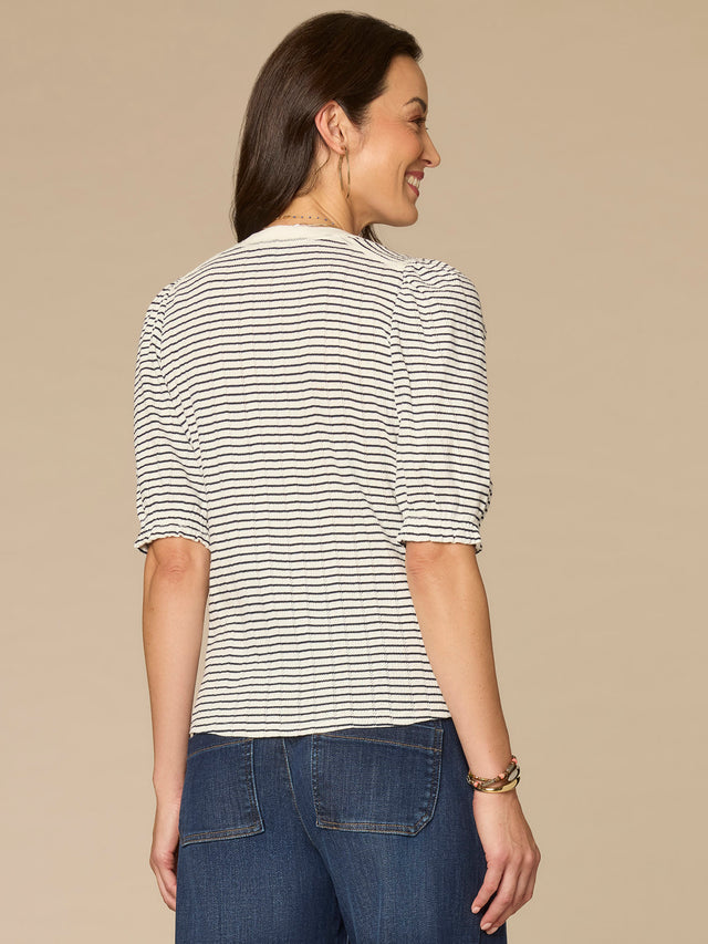 WHITE & NAVY STRIPE MANDARIN COLLAR KNIT TOP
