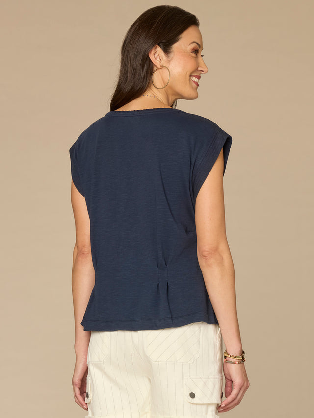 NAVY EMBROIDERED PLEATED PEPLUM TOP