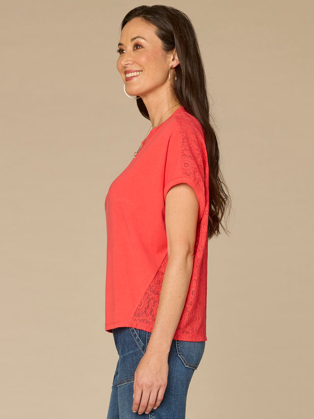 TANGERINE HIGH LOW MIXED MEDIA KNIT TOP
