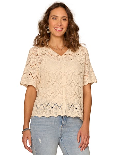 NATURAL CROCHET BUTTON UP TOP