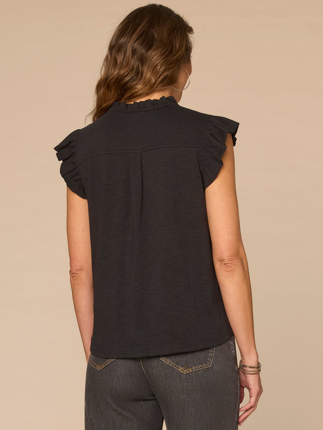 BLACK RUFFLE CAP SLEEVE KNIT TOP