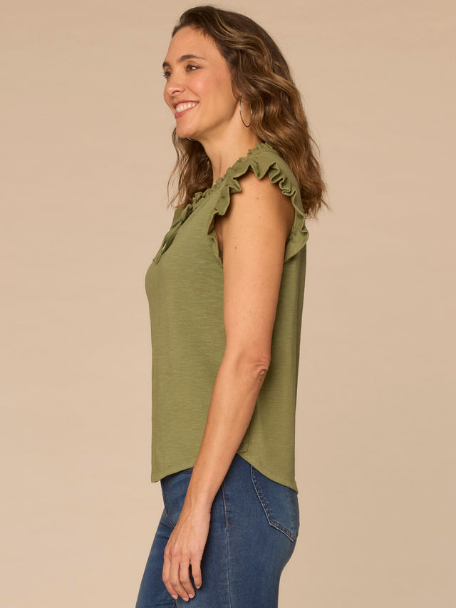 LILY PAD RUFFLE CAP SLEEVE KNIT TOP
