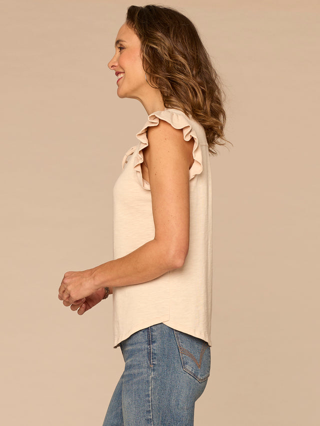 MACADAMIA RUFFLE CAP SLEEVE KNIT TOP