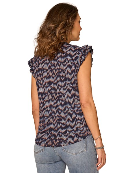 NAVY MULTI DOUBLE RUFFLE SLEEVE V-NECK KNIT TOP
