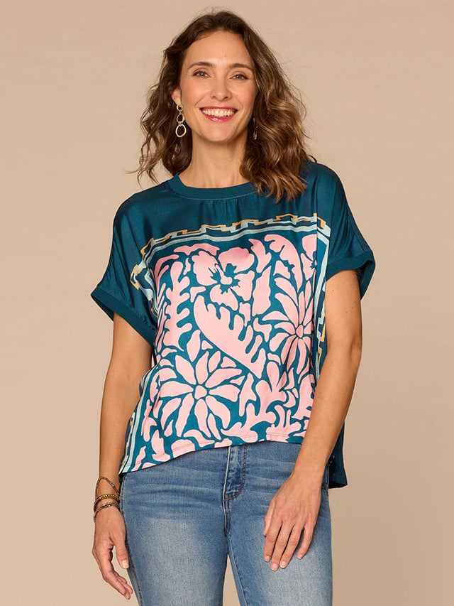 BERMUDA TEAL MIX MEDIA PRINT TOP
