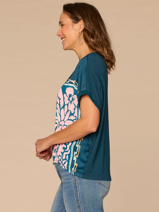 BERMUDA TEAL MIX MEDIA PRINT TOP
