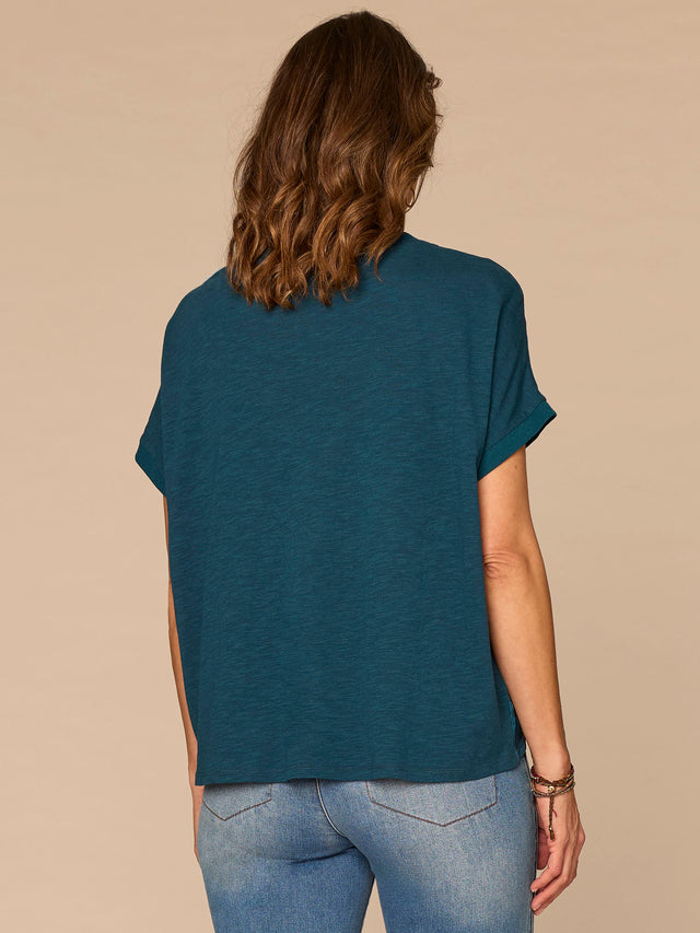 BERMUDA TEAL MIX MEDIA PRINT TOP