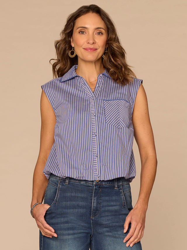 COSMIC COBALT STRIPE SLEEVELESS BUTTON DOWN BUBBLE HEM SHIRT