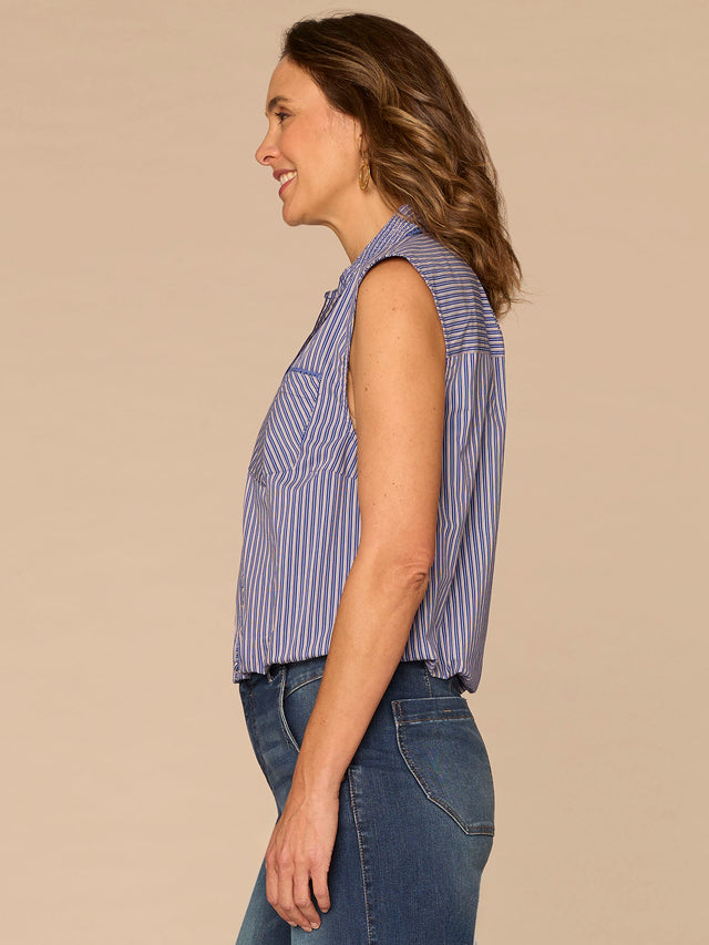 COSMIC COBALT STRIPE SLEEVELESS BUTTON DOWN BUBBLE HEM SHIRT