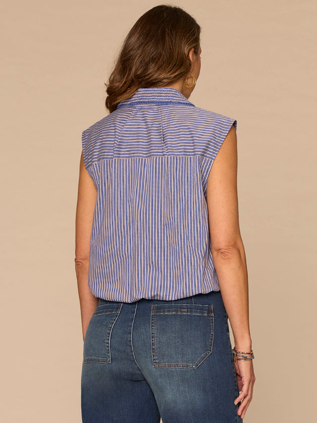COSMIC COBALT STRIPE SLEEVELESS BUTTON DOWN BUBBLE HEM SHIRT