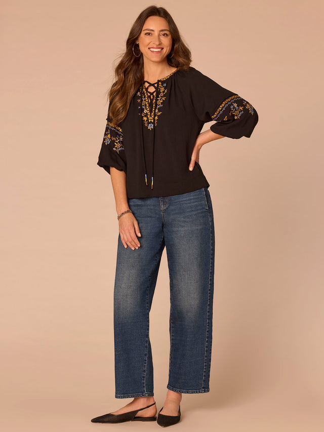 BLACK FLORAL EMBROIDERED 3/4 BUBBLE SLEEVE SHIRT