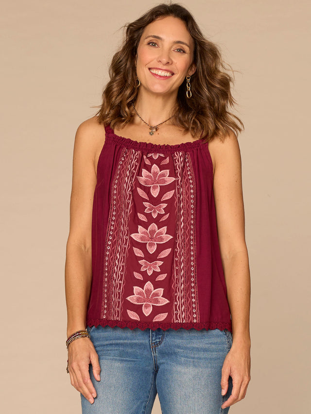 GRAPE WINE EMBROIDERED WOVEN TANK
