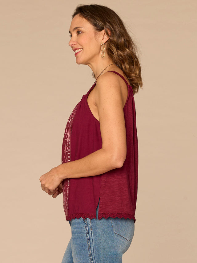 GRAPE WINE EMBROIDERED WOVEN TANK
