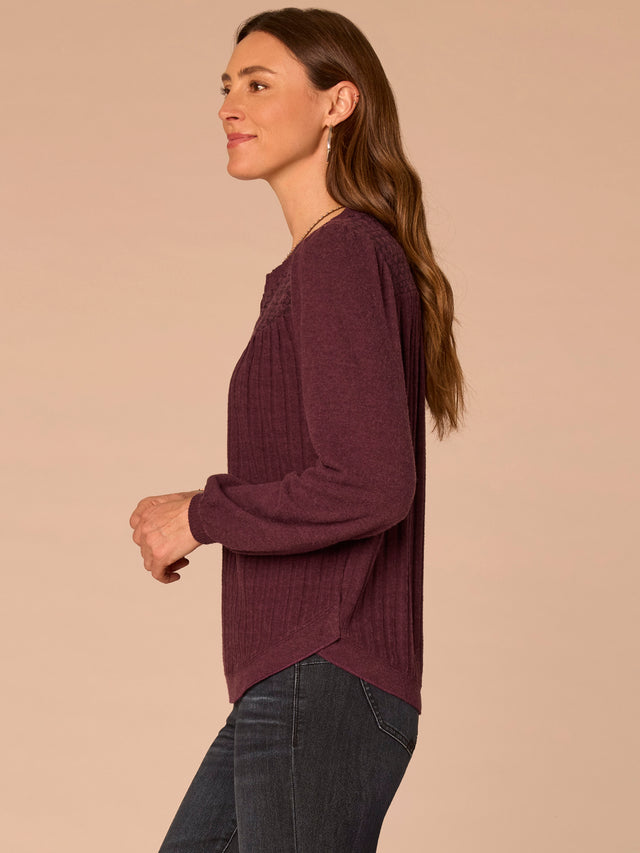 HEATHER FIG JAM LONG SLEEVE BLOUSON MANDARIN COLAR  SHIRTAIL HEM MIX MEDIA TOP
