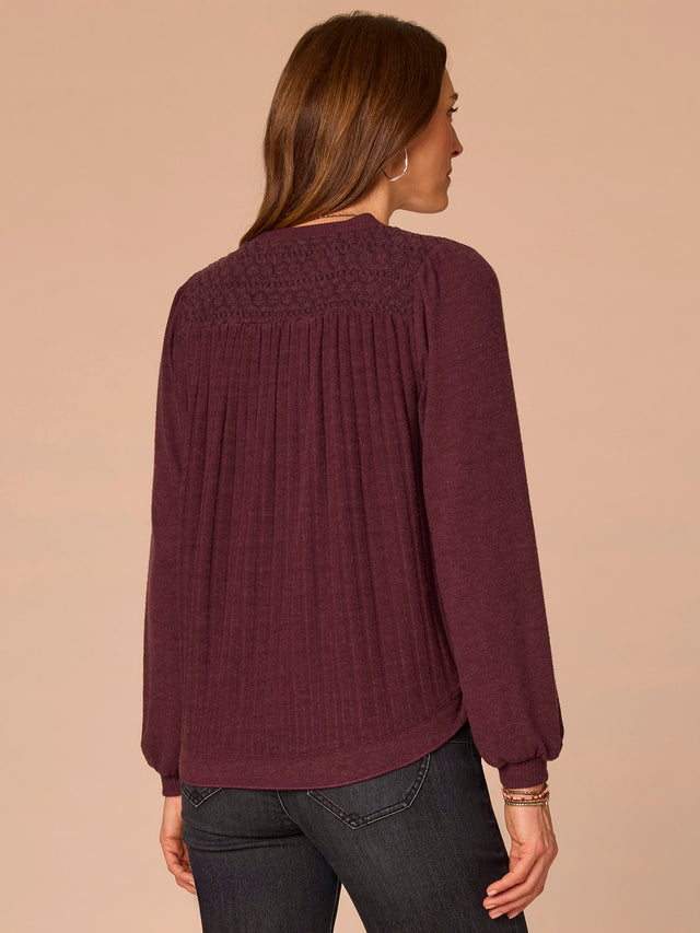 HEATHER FIG JAM LONG SLEEVE BLOUSON MANDARIN COLAR  SHIRTAIL HEM MIX MEDIA TOP