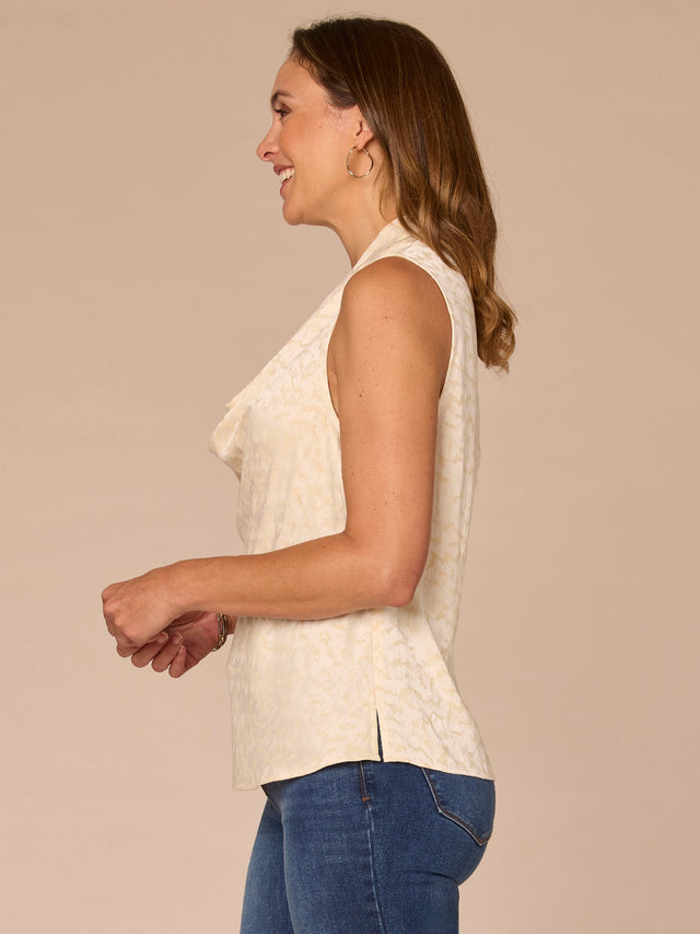 ECRU SLEEVELESS COWL NECK TONAL ANIMAL PRINT WOVEN TOP