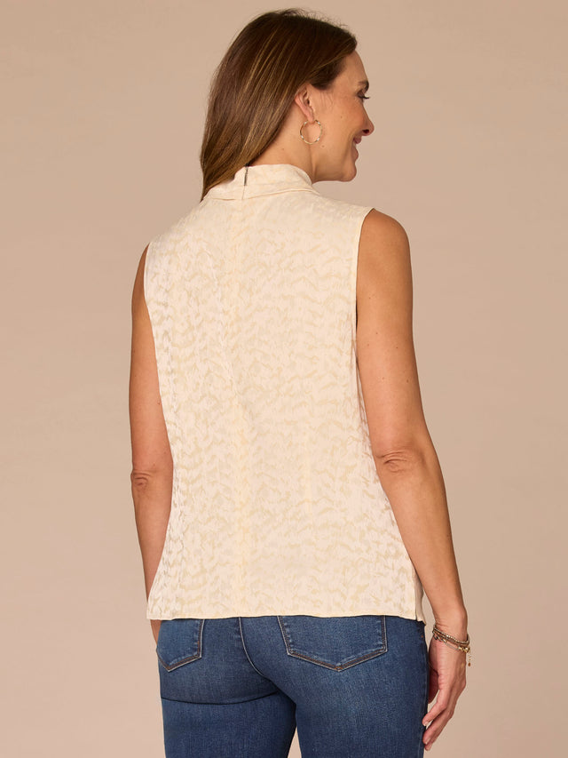 ECRU SLEEVELESS COWL NECK TONAL ANIMAL PRINT WOVEN TOP