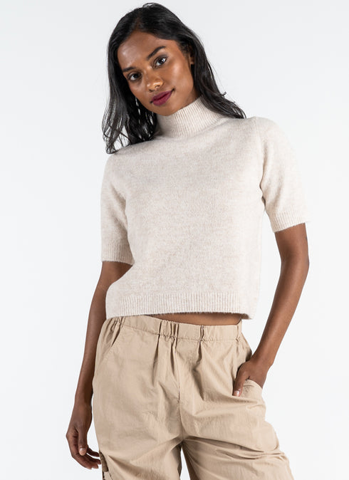 OATMEAL SHORT SLEEVE MOCK SWEATER