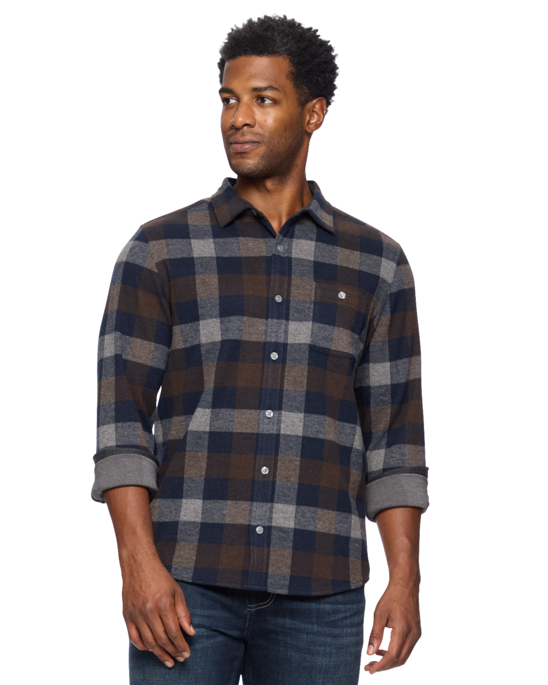 MEN'S NAVY & BROWN GILMER HERO KNIT FLANNEL SHIRT