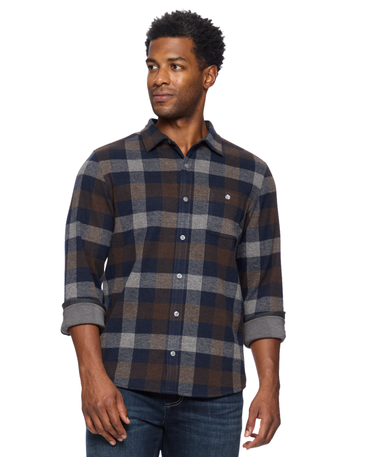 MEN'S NAVY & BROWN GILMER HERO KNIT FLANNEL SHIRT