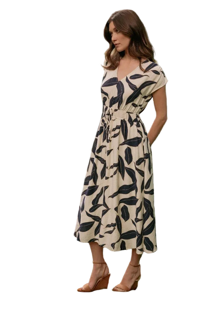 cecilia midi dress CECILIA ECRU & NAVY PRINT V-NECK MIDI DRESS