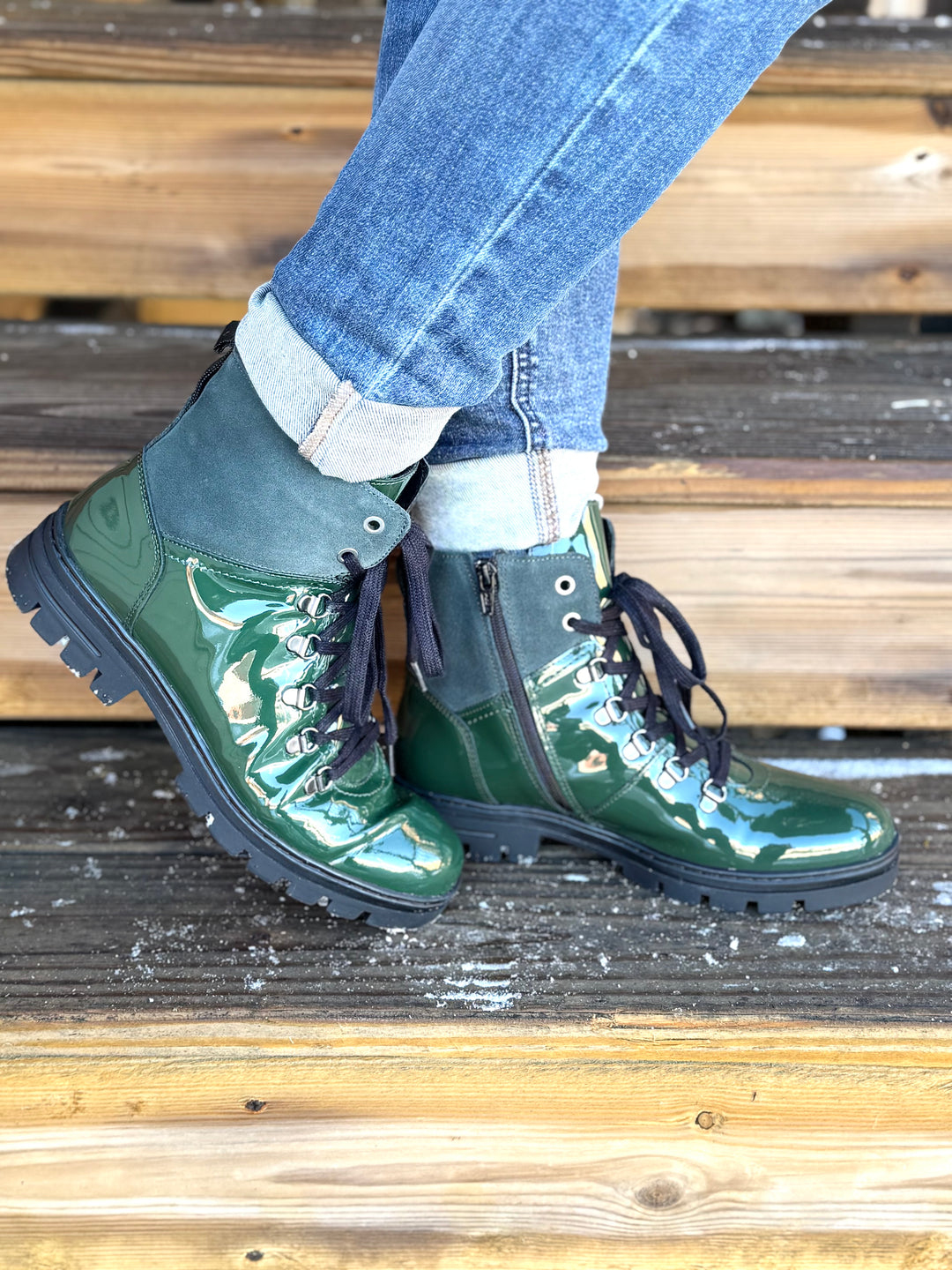 GREEN DONNA PATENT BOOTS