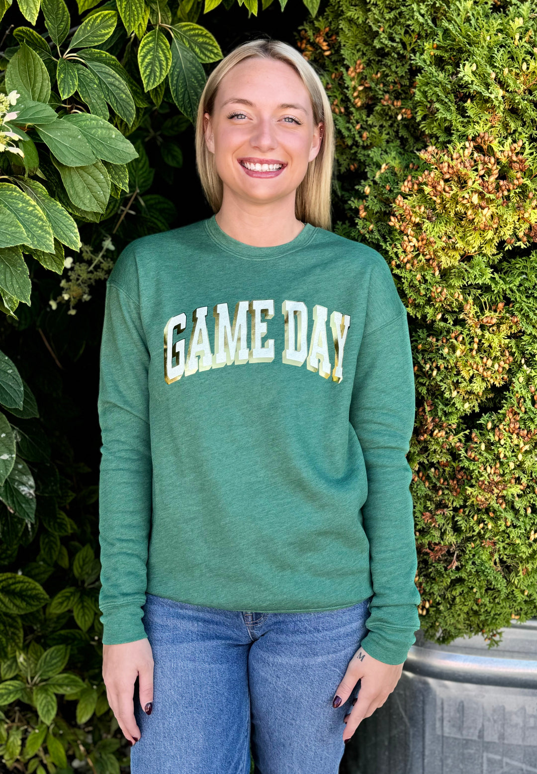 GAME DAY GREEN FOIL CREW SWEATSHIRT